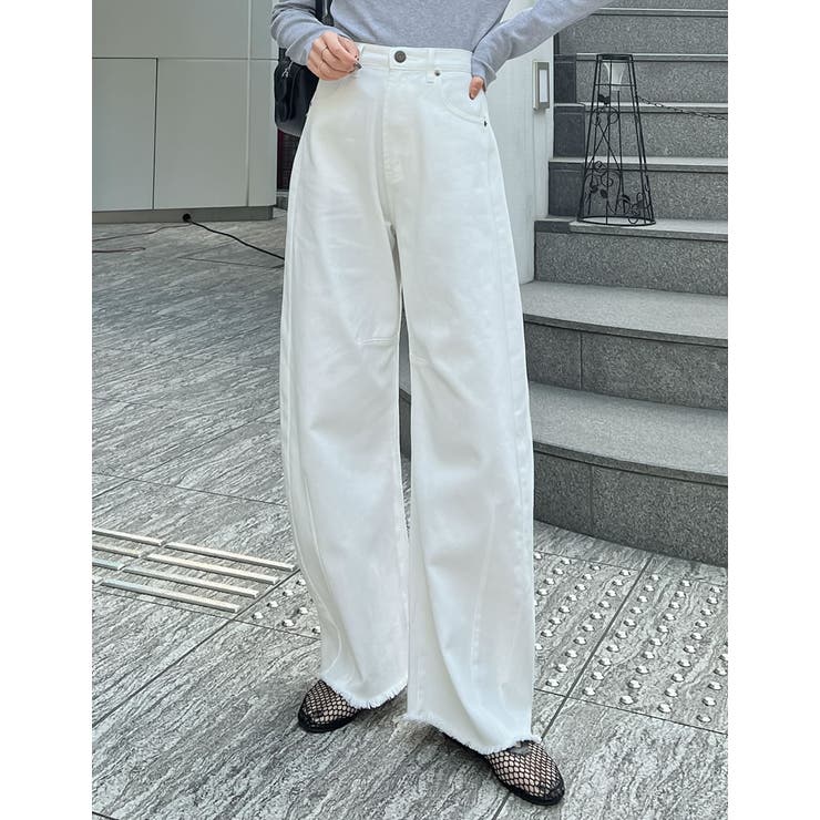 裾フリンジバレルレッグデニムパンツ[品番：GS000021512]｜Re