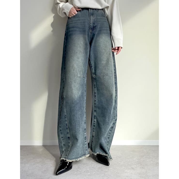 裾フリンジバレルレッグデニムパンツ[品番：GS000021512]｜Re