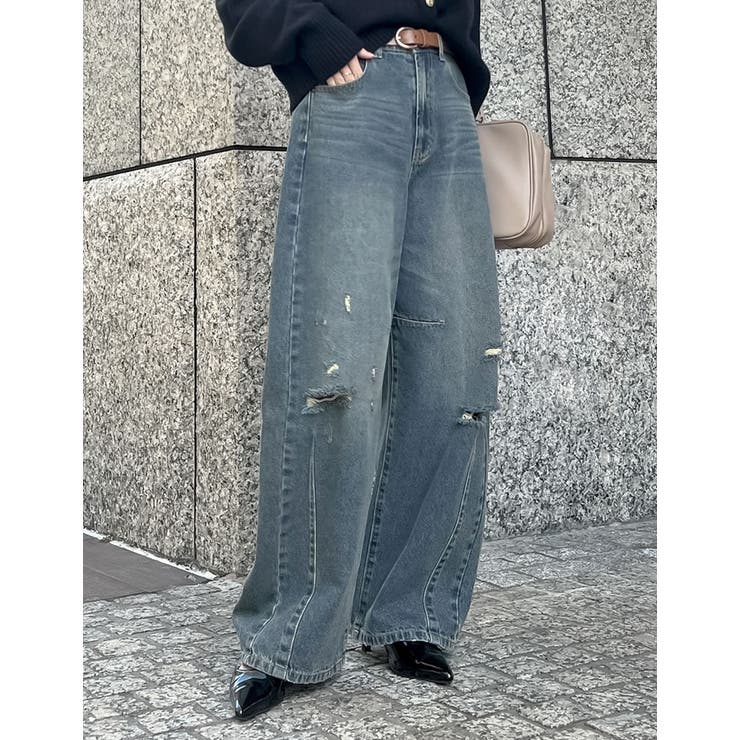 裾フリンジバレルレッグデニムパンツ[品番：GS000021512]｜Re