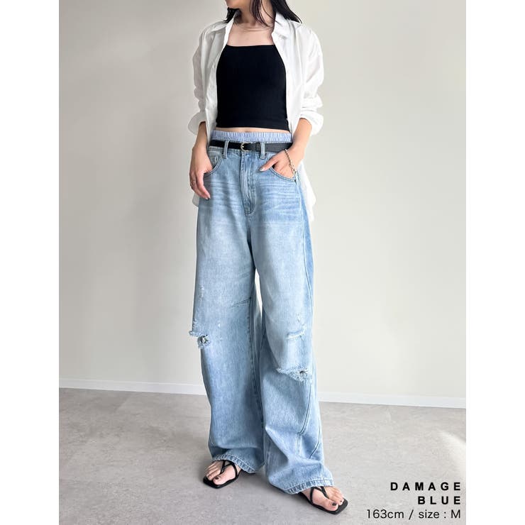 裾フリンジバレルレッグデニムパンツ[品番：GS000021512]｜Re