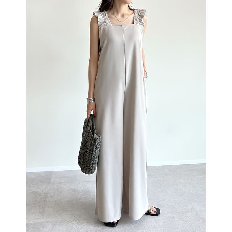 [低身長サイズ有][洗濯機で洗える]フリルストラップスクエアネックオールインワン | Re:EDIT | 詳細画像3 