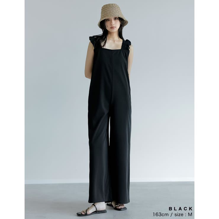 [低身長サイズ有][洗濯機で洗える]フリルストラップスクエアネックオールインワン | Re:EDIT | 詳細画像7 