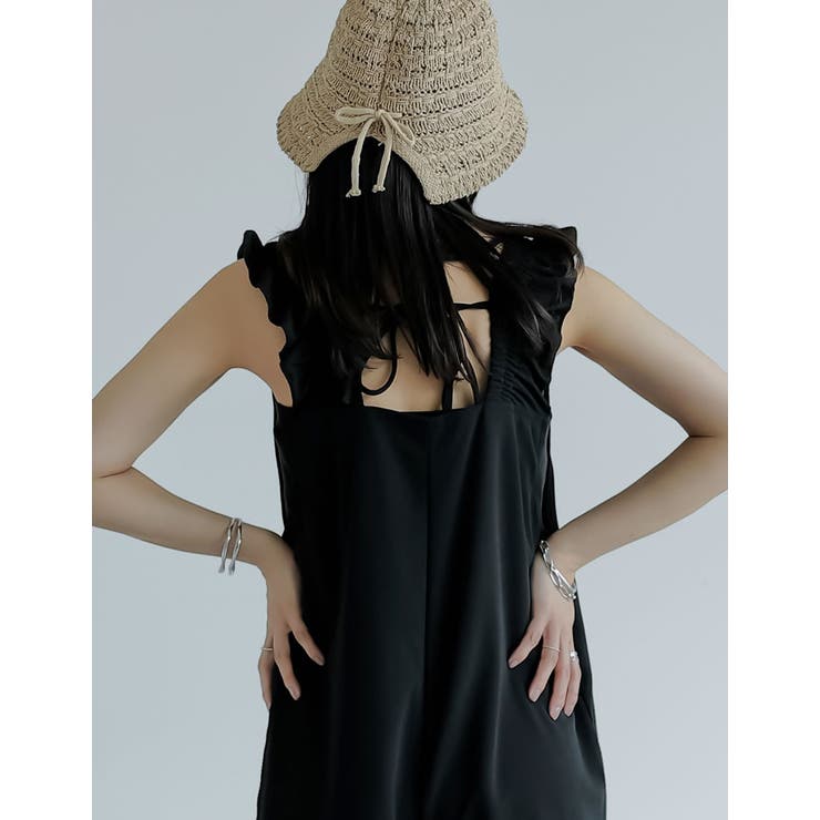 [低身長サイズ有][洗濯機で洗える]フリルストラップスクエアネックオールインワン | Re:EDIT | 詳細画像8 