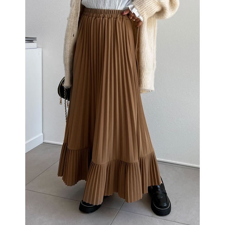 キャメル(007) | [低身長サイズ有]カットジョーゼットダブルプリーツスカート | Re:EDIT