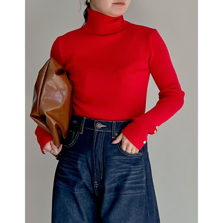 シンプルに着映える]袖金ボタンタートルネックリブニットトップス[品番