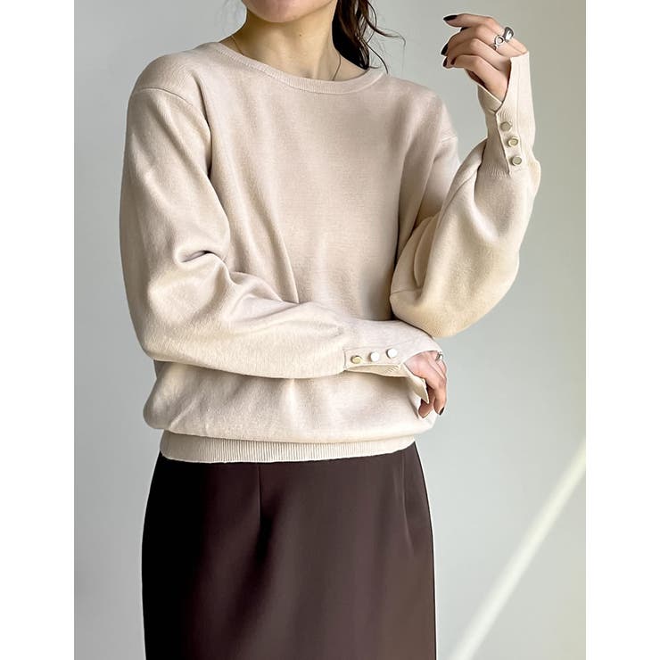 新色追加]ミラノリブ袖ボタンクルーネックニットトップス[品番