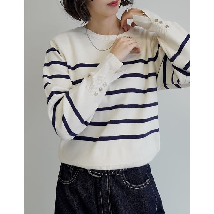 新色追加]ミラノリブ袖ボタンクルーネックニットトップス[品番