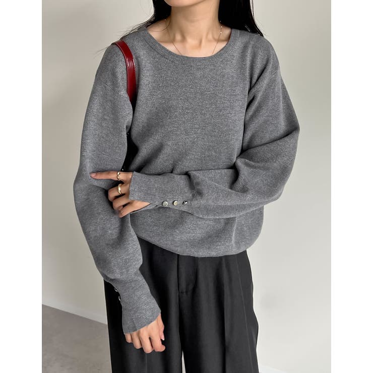 新色追加]ミラノリブ袖ボタンクルーネックニットトップス[品番