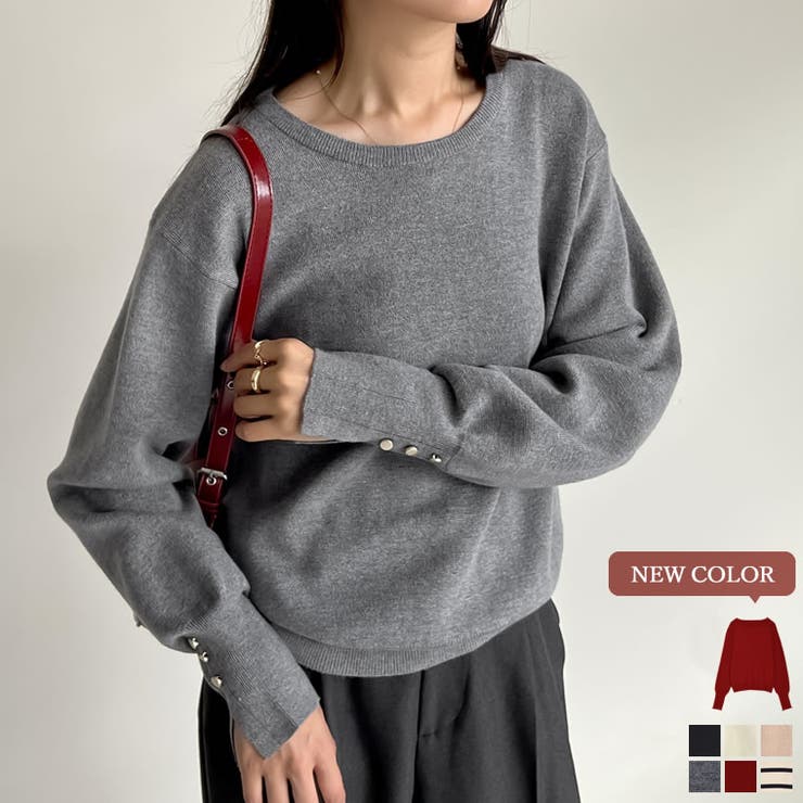 新色追加]ミラノリブ袖ボタンクルーネックニットトップス[品番