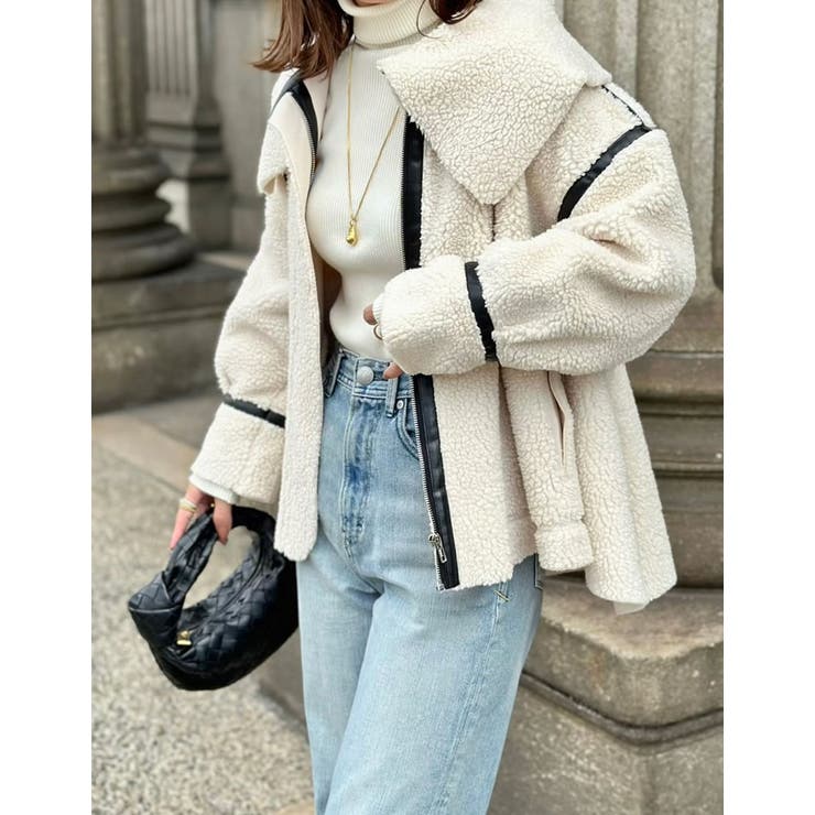 アイボリー×ブラック(102) | ビッグカラーフェイクレザーパイピングフレアボアコート | Re:EDIT