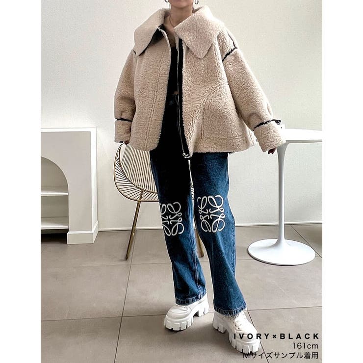 ビッグカラーフェイクレザーパイピングフレアボアコート | Re:EDIT | 詳細画像32 