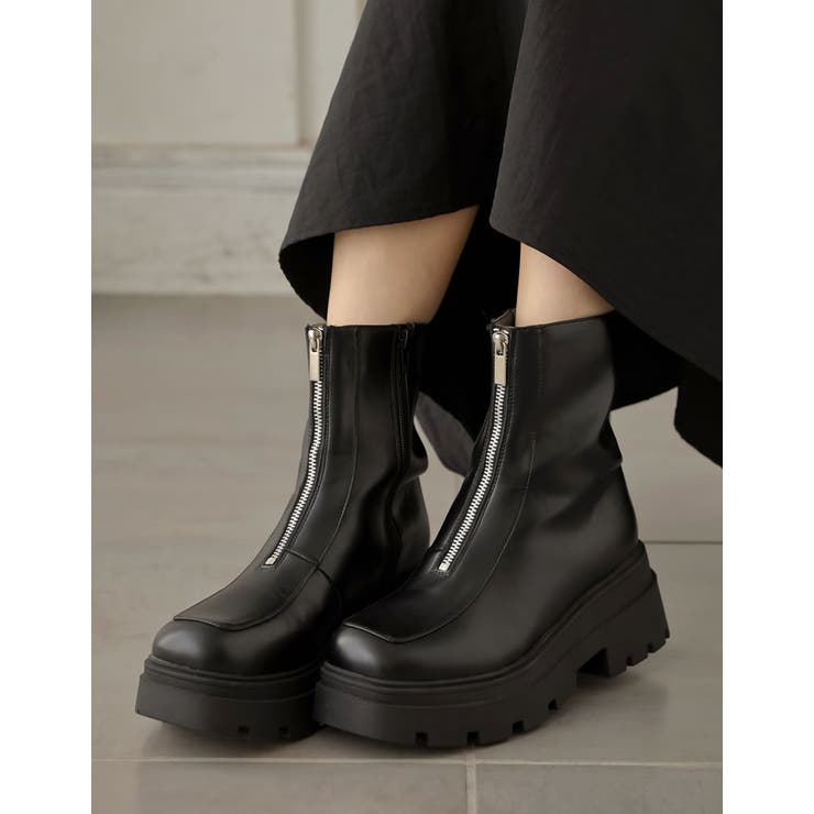 ブラック(001) | [大きいサイズ有]フロントジップトラックソールブーツ | Re:EDIT