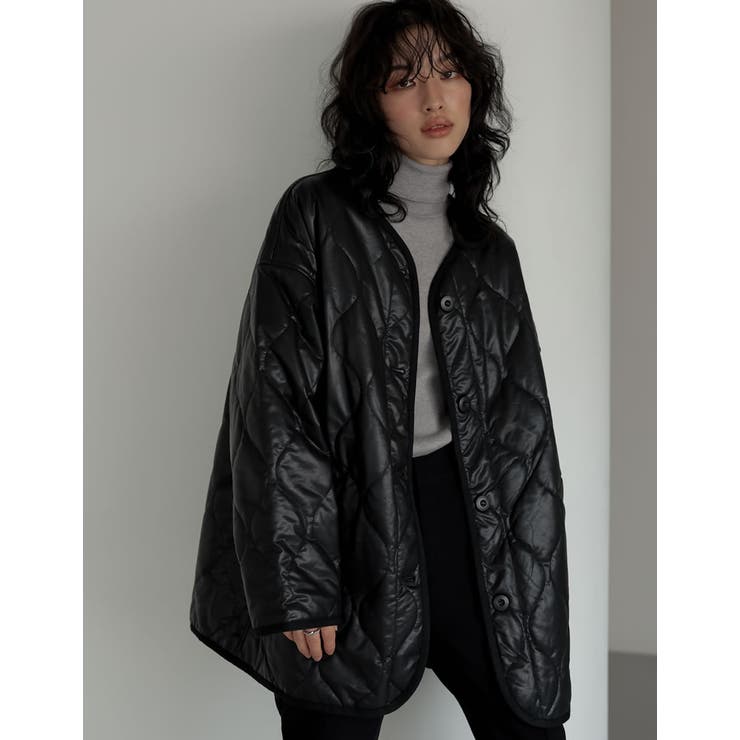 ★美品★シンゾーン shinzone★フェイクレザージャケット キルティング 黒 低身長サイズ有]フェイクレザーキルティングジャケット[品番
