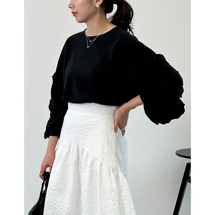 イタリア製 モノクロレパード フリル袖ラップカットソー Plus Size] Short Sleeve Round Collar Shirring Blouse