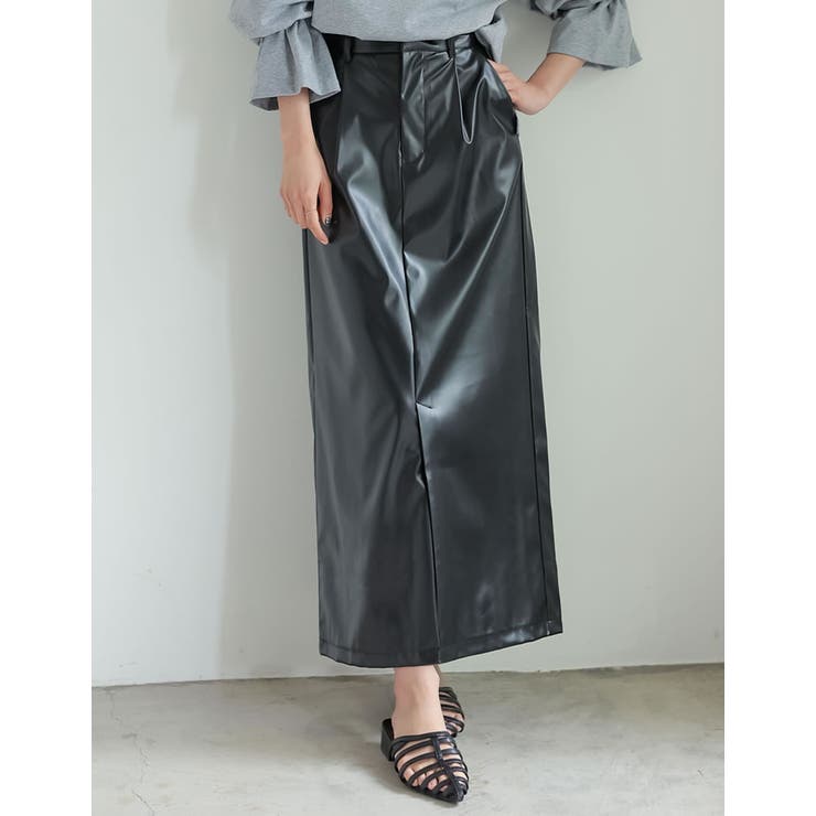 ブラック(001) | [低身長/高身長サイズ有]メタリックフェイクレザータイトスカート | Re:EDIT