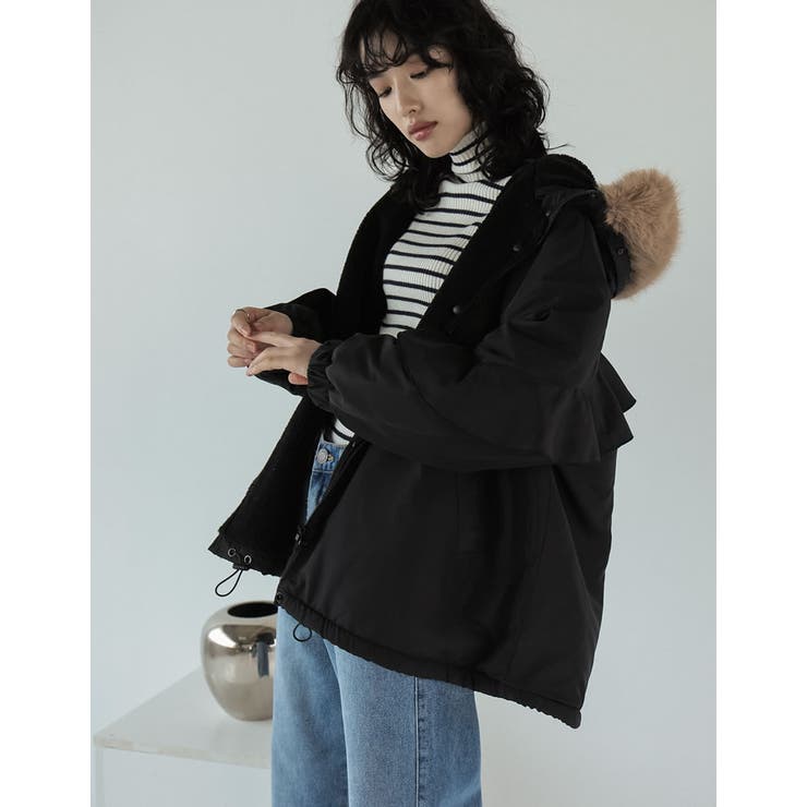 2WAYリサイクルタフタバックフリルデザインフェイクファーフード付き中綿ミドルコ… | Re:EDIT | 詳細画像7 