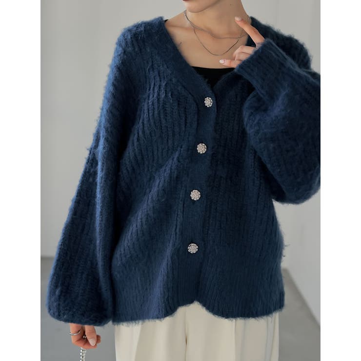 VERYコラボ]起毛シャギーシルバービジューボタンニットカーディガン