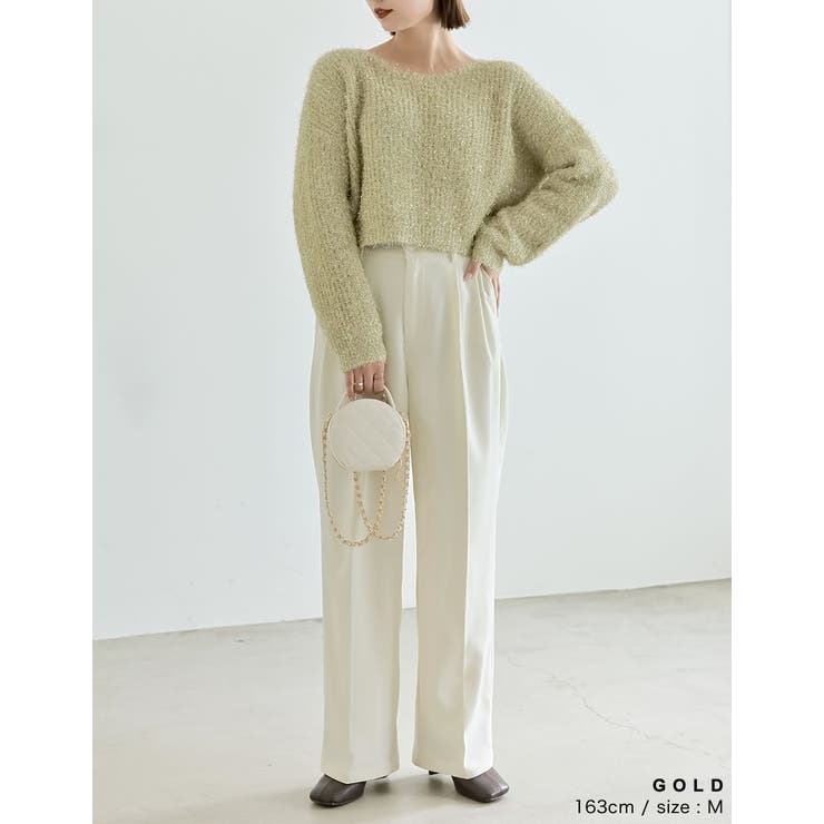 ラメミックスクロップド丈シャギーニットトップス[品番