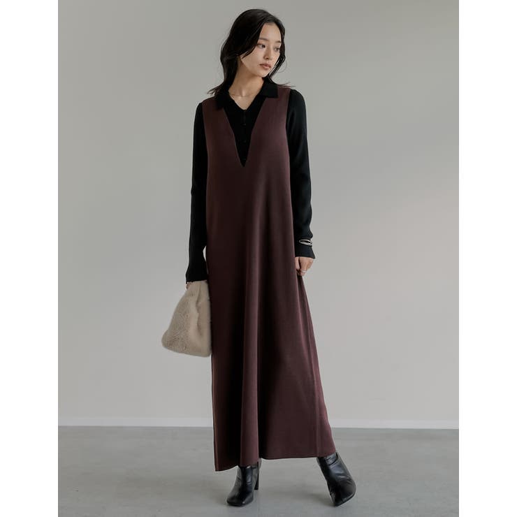 新色追加][低身長サイズ有]ミラノリブ変形キーネックIラインニット