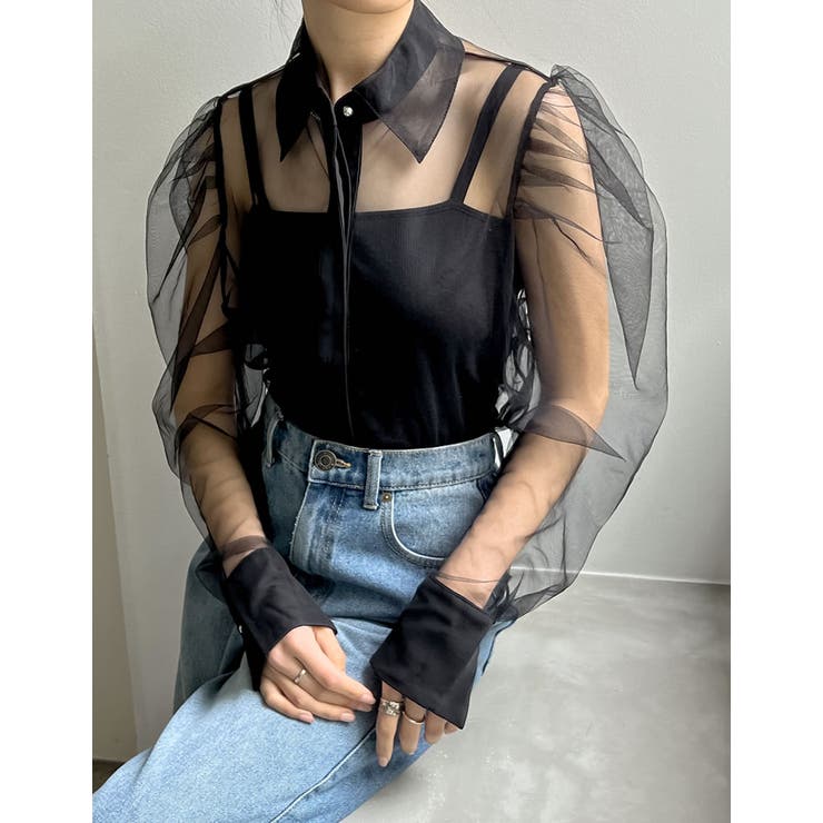 ブラック(001) | チュールボリュームスリーブシアーシャツ | Re:EDIT