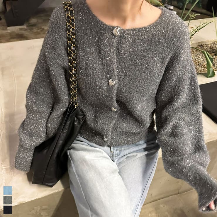 前後2WAYハートボタンラメフェザーニットカーディガン[品番