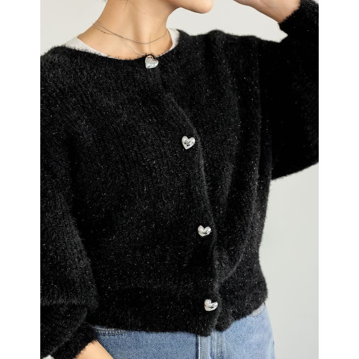 前後2WAYハートボタンラメフェザーニットカーディガン[品番
