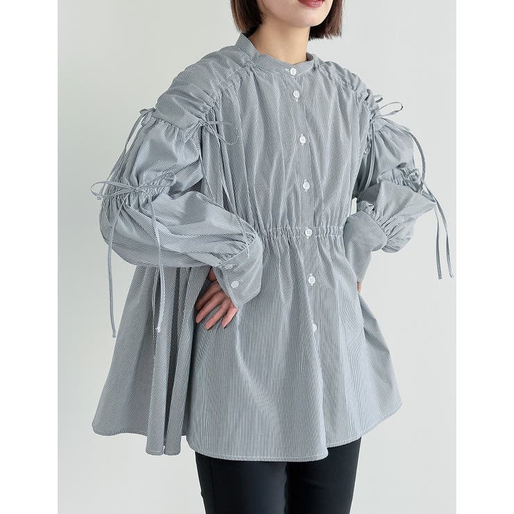 ブラック(001) | ストライプギャザーリボンブラウス | Re:EDIT