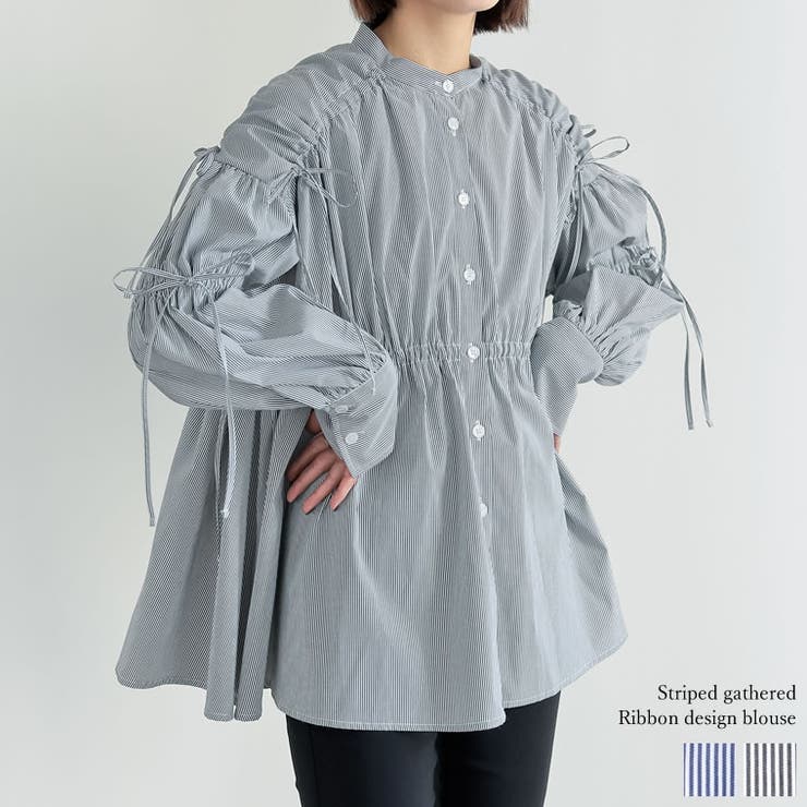 ストライプギャザーリボンブラウス | Re:EDIT | 詳細画像1 