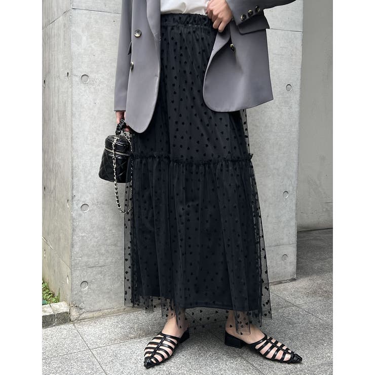 ハートブラック(001) | [低身長/高身長サイズ有]ハートフロッキーチュールフレアスカート | Re:EDIT