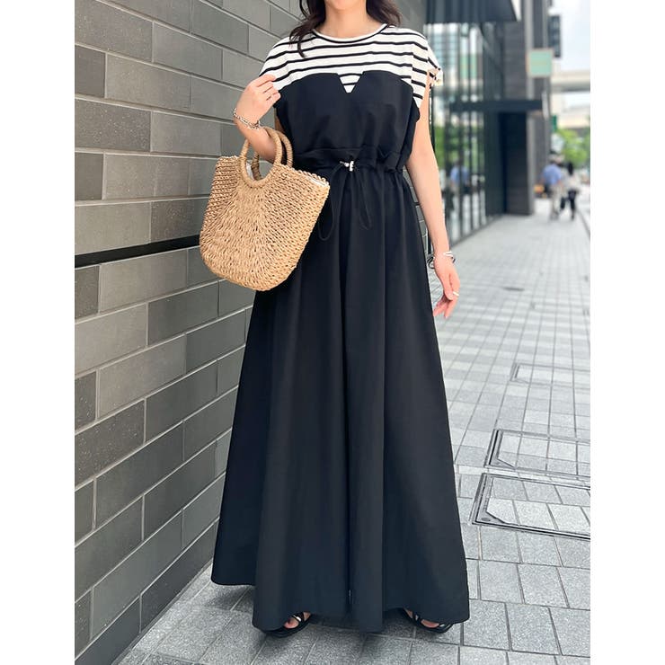 フレンチスリーブカットソー切り替えドロストフレアドッキングワンピース | Re:EDIT | 詳細画像3 