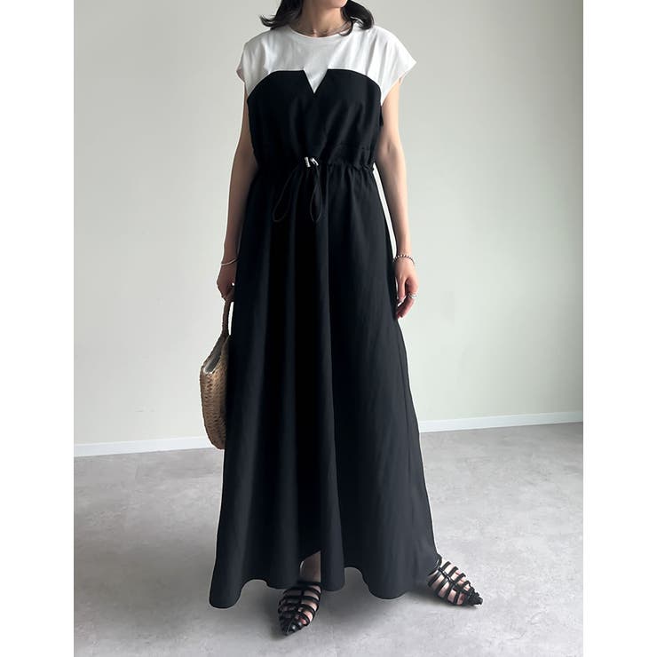 フレンチスリーブカットソー切り替えドロストフレアドッキングワンピース | Re:EDIT | 詳細画像4 