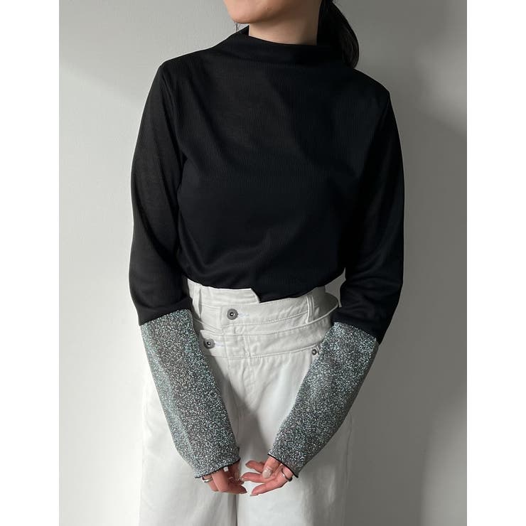 ブラック×シルバー(001) | [2024SS PRE ORDER]プチハイネックラメスリーブシアートップス | Re:EDIT