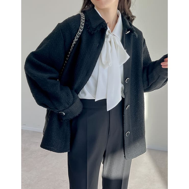 ブラック(001) | ツイードフリンジステンカラージャケット | Re:EDIT