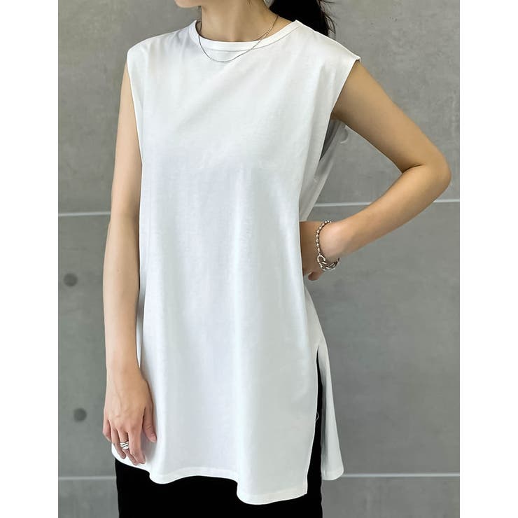 二の腕すっきり]コットンフレンチスリーブチュニックTシャツ