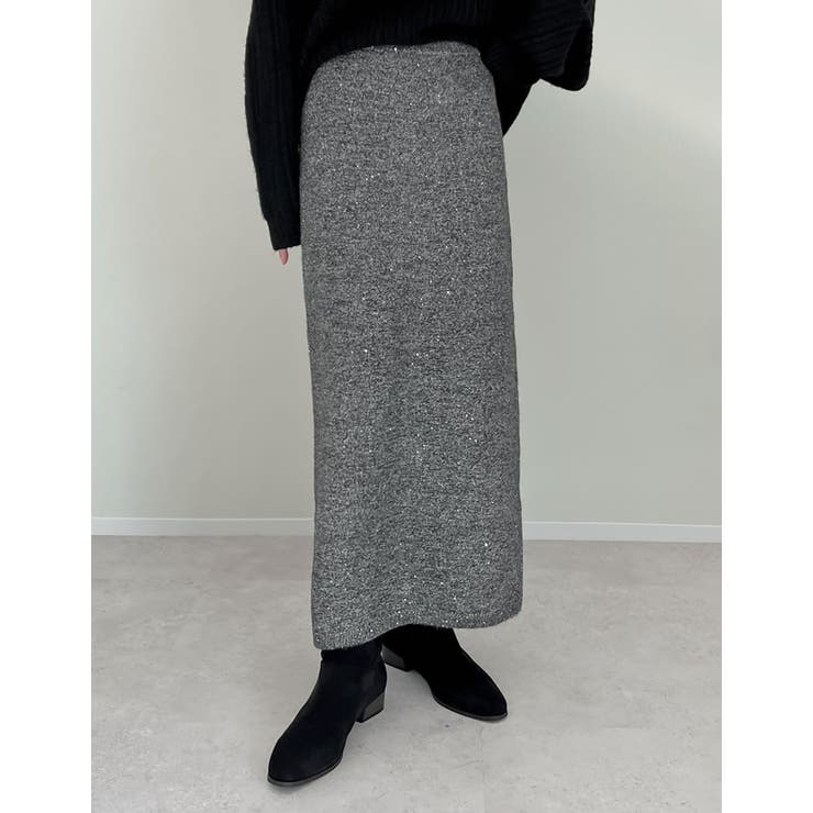 ラメチャコールグレー(006) | [低身長サイズ有]スパンコールラメミックスニットナロースカート | Re:EDIT