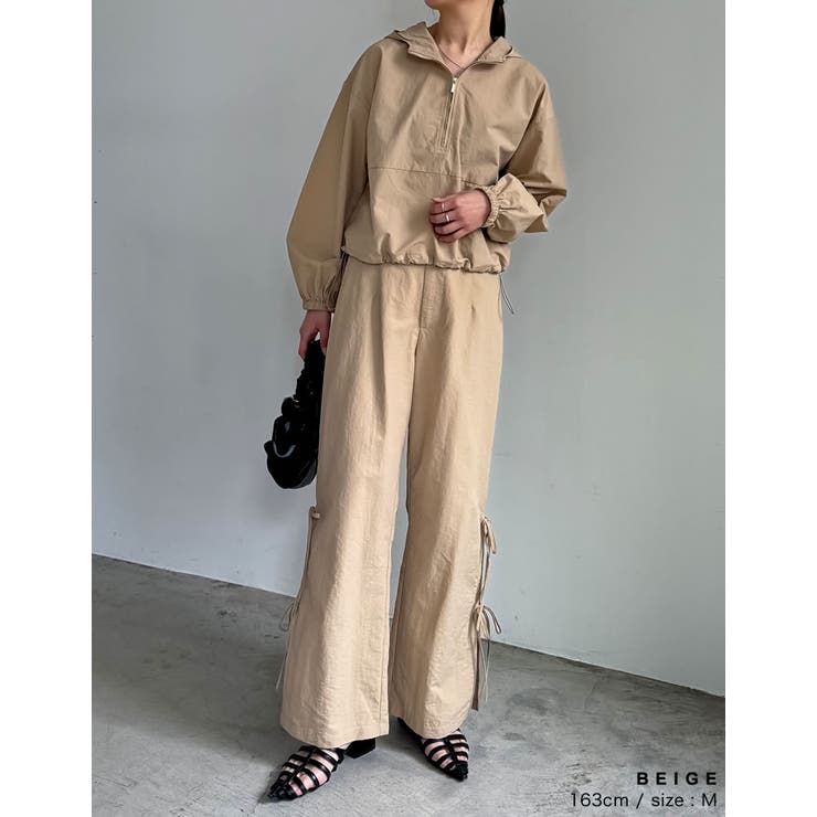 低身長/高身長サイズ有]ナイロンシマーメタリックサイドリボンパンツ