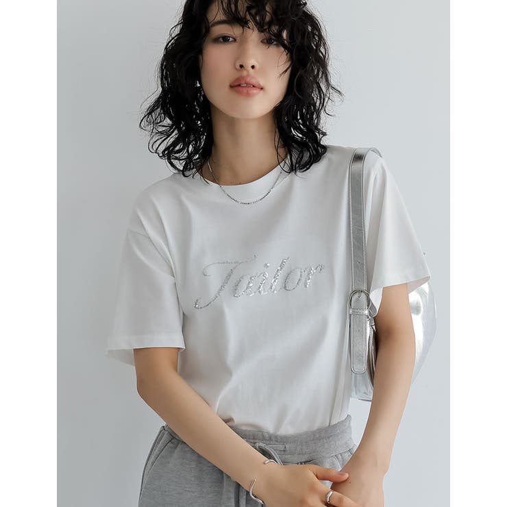 着た瞬間ひんやり][接触冷感][UVカット]スパンコール筆記体ロゴTシャツ