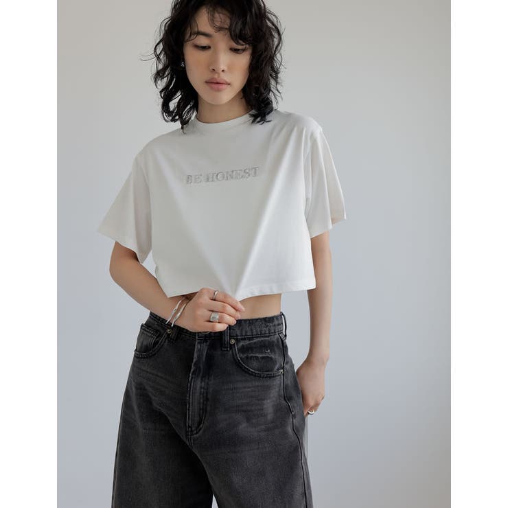 [接触冷感][UVカット]クロップド丈スパンコールロゴTシャツ | Re:EDIT | 詳細画像13 
