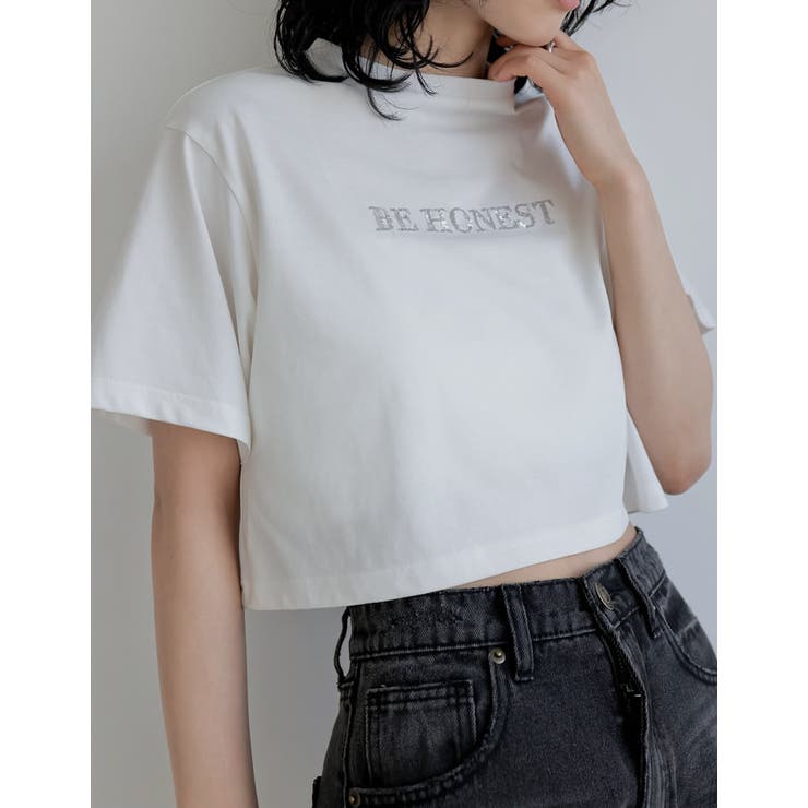 [接触冷感][UVカット]クロップド丈スパンコールロゴTシャツ | Re:EDIT | 詳細画像14 