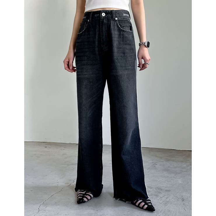 コットンデニムサイドラインワイドストレートパンツ[品番