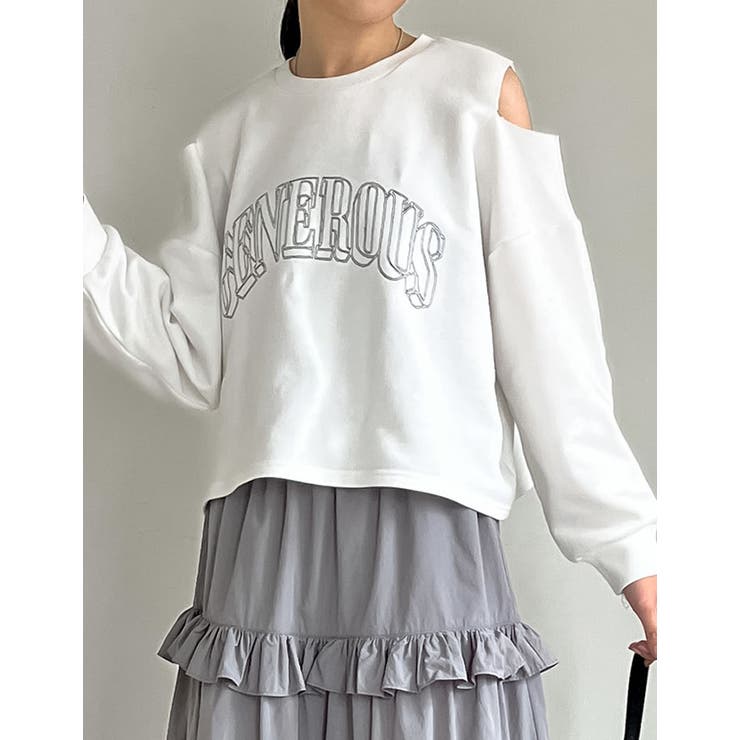 ホワイト(002) | 裏毛刺繍ロゴ肩スリットあきショート丈トップス | Re:EDIT