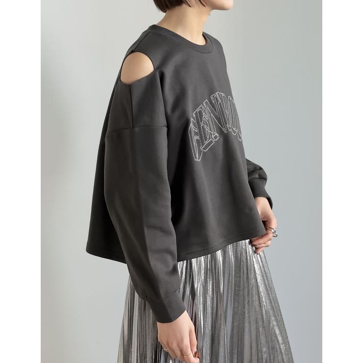 裏毛刺繍ロゴ肩スリットあきショート丈トップス | Re:EDIT | 詳細画像3 