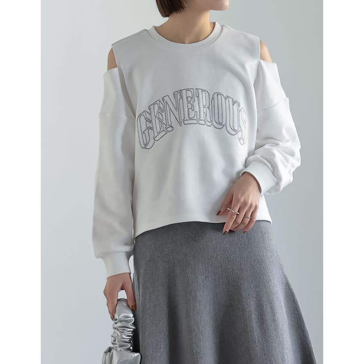 裏毛刺繍ロゴ肩スリットあきショート丈トップス | Re:EDIT | 詳細画像4 