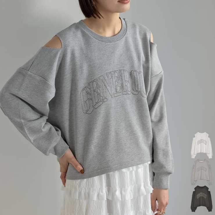 裏毛刺繍ロゴ肩スリットあきショート丈トップス | Re:EDIT | 詳細画像1 