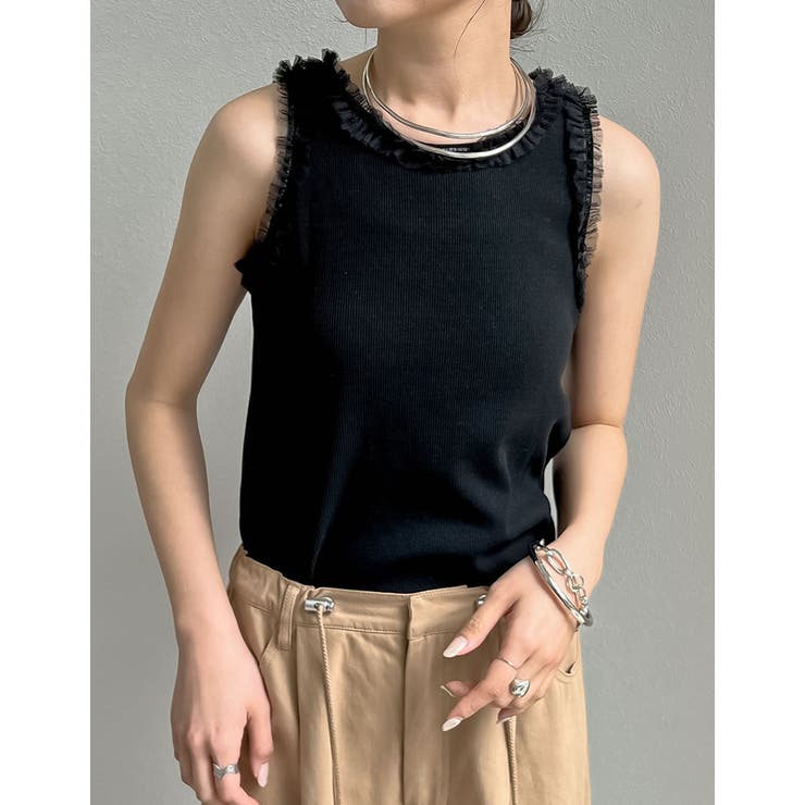 ブラック(001) | ストレッチリブフリル付きアメスリトップス | Re:EDIT