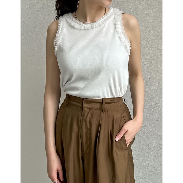 ホワイト(002) | ストレッチリブフリル付きアメスリトップス | Re:EDIT