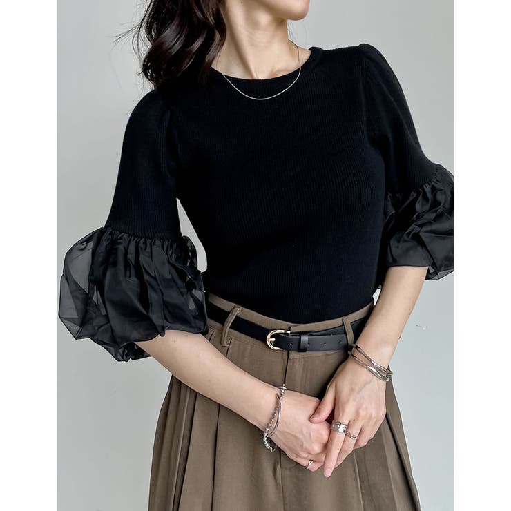 [オケージョン セレモニー][涼感]異素材切り替えバルーンスリーブ七分袖リブニッ… | Re:EDIT | 詳細画像12 