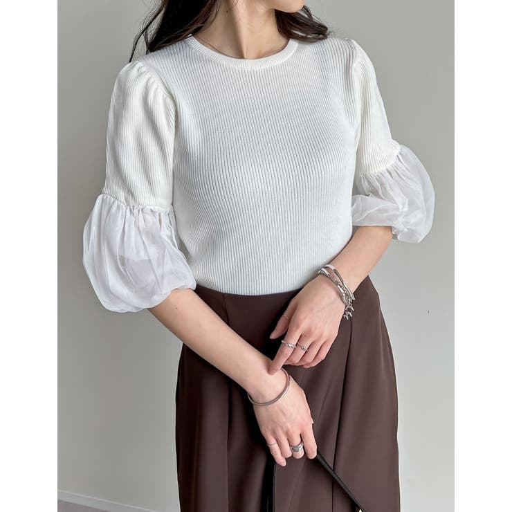 異素材切り替えバルーンスリーブ七分袖リブニットトップス[品番
