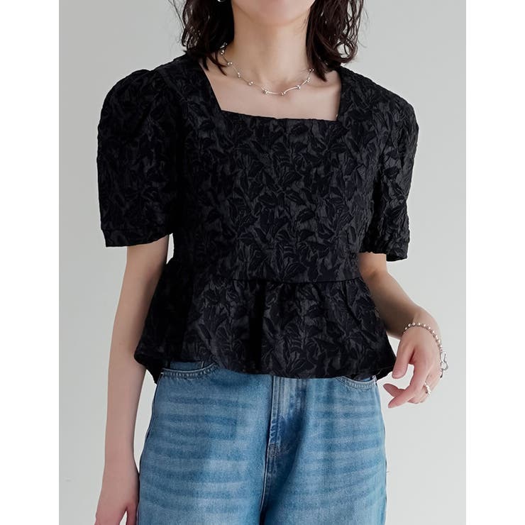 ブラック(001) | ふくれジャカードペプラムトップス | Re:EDIT