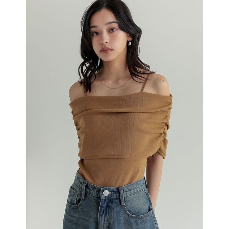 2WAYリブカットソー五分袖オフショルトップス[品番：GS000022202